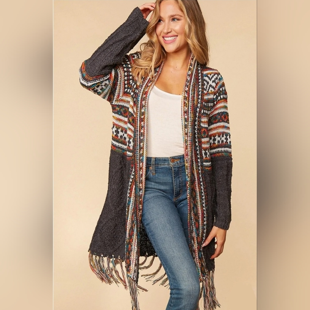 Open-Front Charcoal Fair Isle Fringe Cardigan Sweater